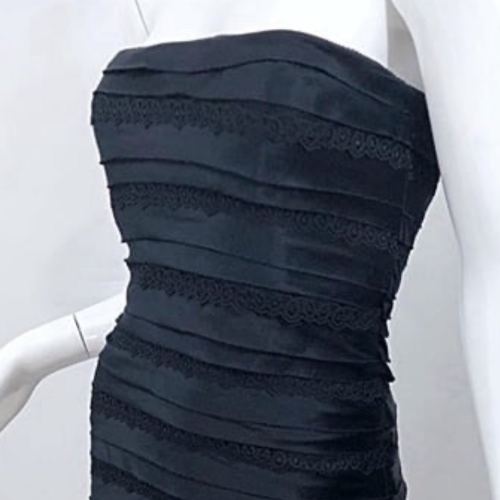 HERVE LEGER PARIS Black Lace Tiered Layer Strapless Bodycon Cocktail Dress M